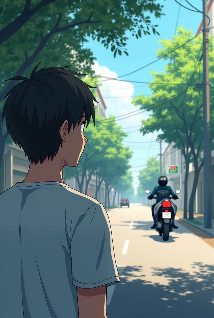 Man in white t-shirt watching a motorcycle parked on the other side of the street from afar anime hd
