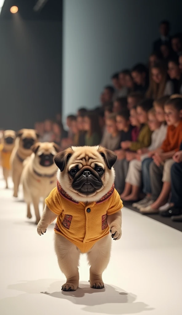 A cute baby dressed as a pug dog、Walking Fashion Show with Real Pugs - Super Realistic