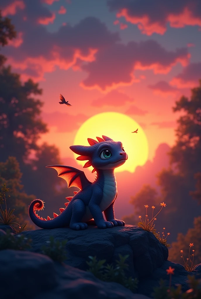 Night sunset with baby dragon