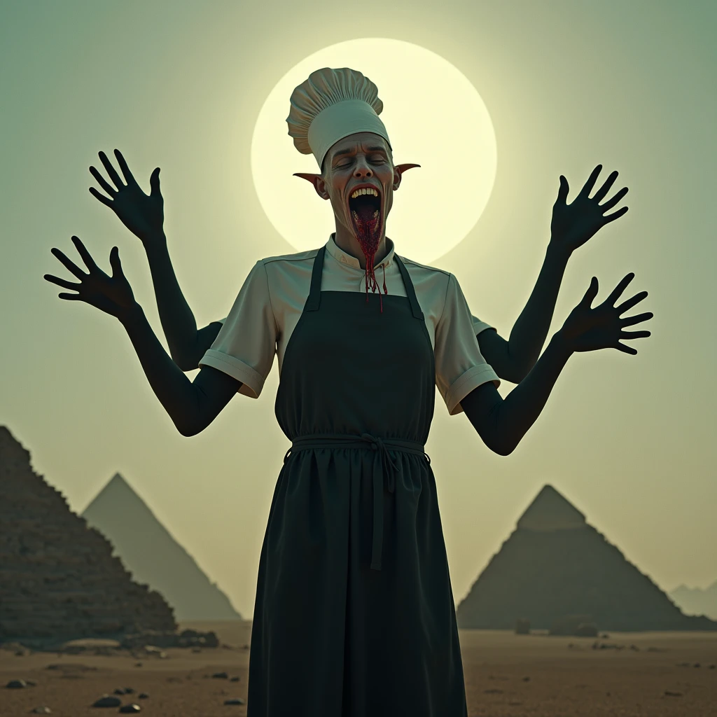 (masterpiece, best quality), olo, 1girl, fallingdevil, disembodied head, blood on face, extra arms, chef hat, closed eyes, black apron, elbow gloves BREAK
outdoors, pyramids, sun, raytracing BREAK
by vergvoktre, dramatic, gritty, nightmare, intricate details, hyperdetailed, cinematic, dark shot, film grainy, soothing tones, muted colors, technicolor