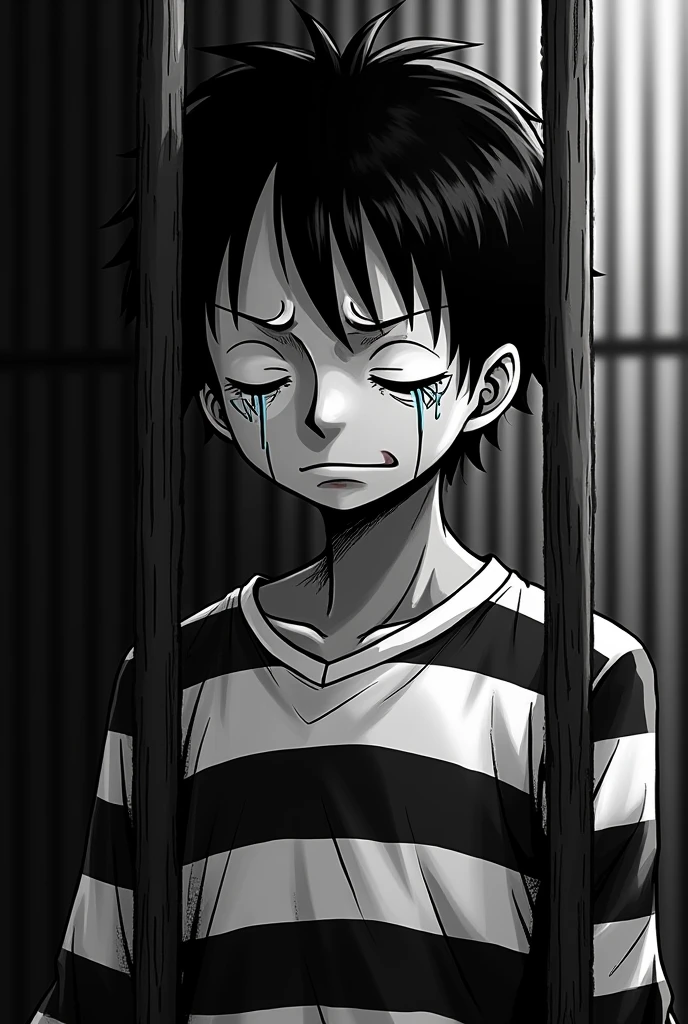 Monkey D. Luffy in a black and white striped long sleeve prison uniform with his eyes closed teary and crying inside a jail 