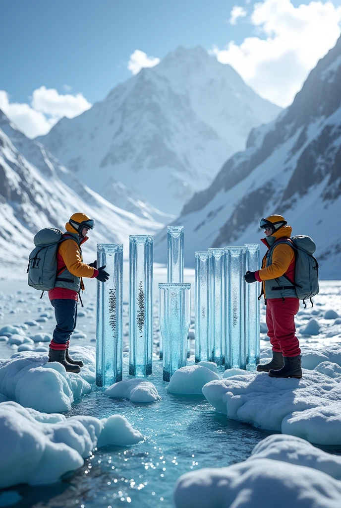 Generate an image showing a high-altitude scene from the Guliya Glacier on the Tibetan Plateau, with towering snow-covered mountains in the background. In the foreground, depict researchers in cold-weather gear analyzing ice cores. The ice cores should appear as transparent, cylindrical tubes containing ancient viral DNA. Highlight the idea of melting glaciers, with water flowing from the ice, and integrate digital representations of viruses floating around, emphasizing that around three-quarters are previously unknown. The overall atmosphere should convey both the beauty of the Himalayan landscape and the scientific discovery of ancient life forms.