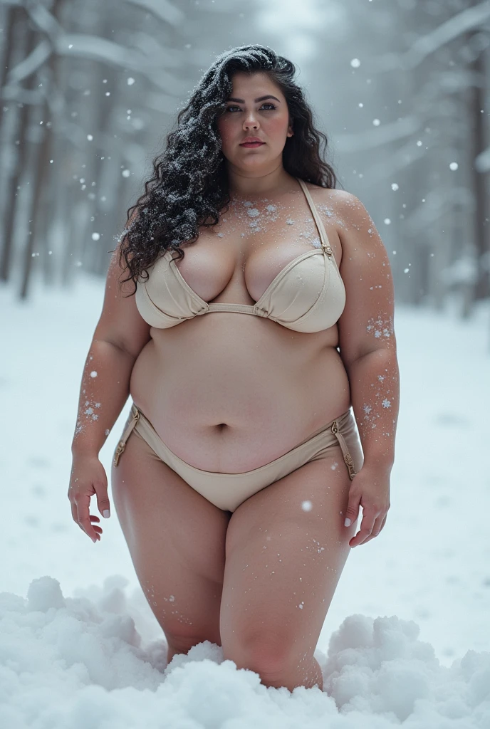 a woman in a nude colored bikini posing in the snow, thicc, thick body, powerful and huge, wide torso, covered in snow, snow on the body, giant stunning goddess shot, busty, beautiful thick female, she has a jiggly fat round belly, thicc build, thick, only snow in the background, thick neck, thick thigs