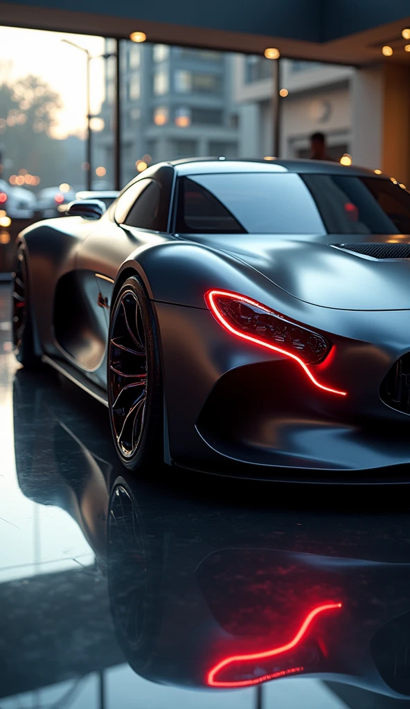 Mercedes AMG car, elegant car, futuristic, red headlights, body reflection, in the showroom reflection on the floor, sport rims