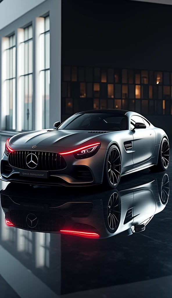 Mercedes AMG car, elegant car, futuristic, red headlights, body reflection, in the showroom reflection on the floor, sport rims