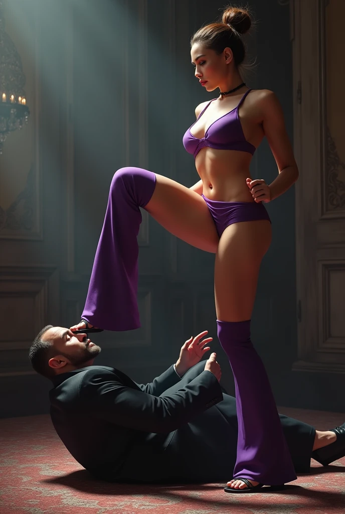 Fight, mistress kicks man's chest ,Beautiful Mistress,brown bun hairs, wearing purple boot-cut pants, wearing purple underwear, wearing black sandals, handsome man,  man wearing suit