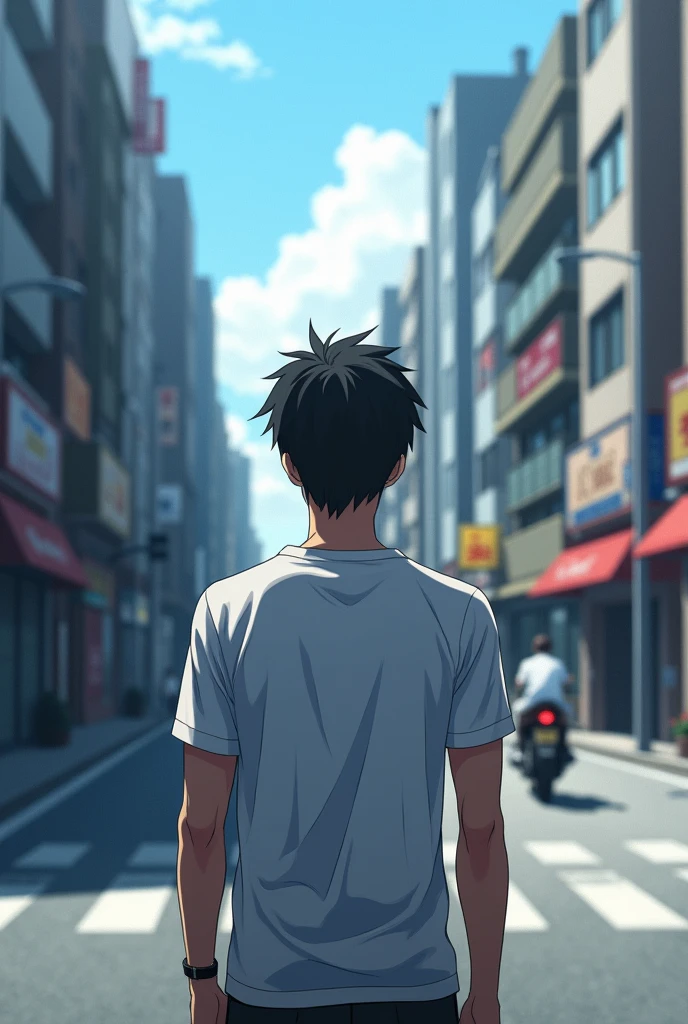 Man in white t-shirt watching from afar only the motorcycle on the other side of the street parked anime hd
