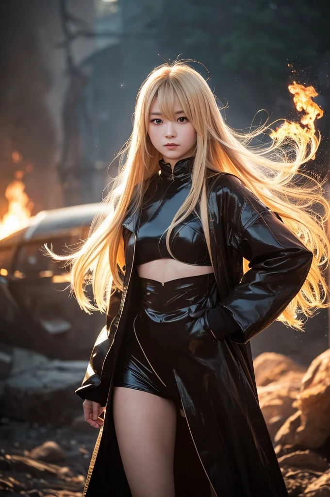 **prompt:**
A beautiful Japanese girl、Standing against a fiery background。Her eyes are a clear blue、The makeup around the eyes is a little bold.。Her long blonde hair sparkles in the light、It looks like it's fluttering in the wind。The costumes have a futuristic design.、Made of glossy white material、Exposed skin a lot、Enhances sexiness。The arm is equipped with a mechanical accessory.、He has a big weapon in his hand。The pose is full of strength and confidence.、Stand with your legs slightly apart、Staring straight at the camera。As a photographic technique、It was shot in portrait mode.、A shallow depth of field is used to bring out the details in the subject.。Strong contrast between light and shadow、The light from the fire dramatically illuminates her outfit and hair.。The background is blurry、The floating light particles create a fantastic atmosphere.。Ultra-realistic photo-like texture、Every detail is clearly visible。