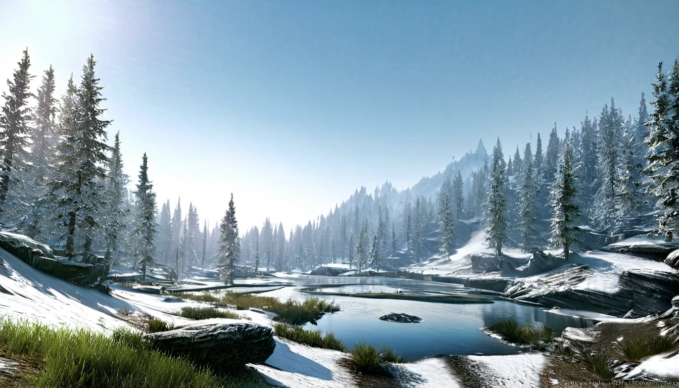 morning frosty landscape, gray low clouds cover a white surface, green grass, coniferous forests, lumen, professional photo, beautiful, 3d, realistic, 64k, high resolution, high detail, cgi, hyperrealism, f/16.1/300s. highly detailed digital painting, bright and juicy photorealistic painting, landscape,
