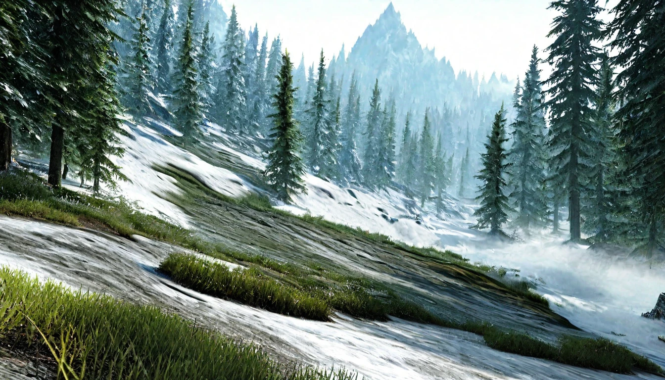 morning frosty landscape, gray low clouds cover a white surface, green grass, coniferous forests, lumen, professional photo, beautiful, 3d, realistic, 64k, high resolution, high detail, cgi, hyperrealism, f/16.1/300s. highly detailed digital painting, bright and juicy photorealistic painting, landscape,