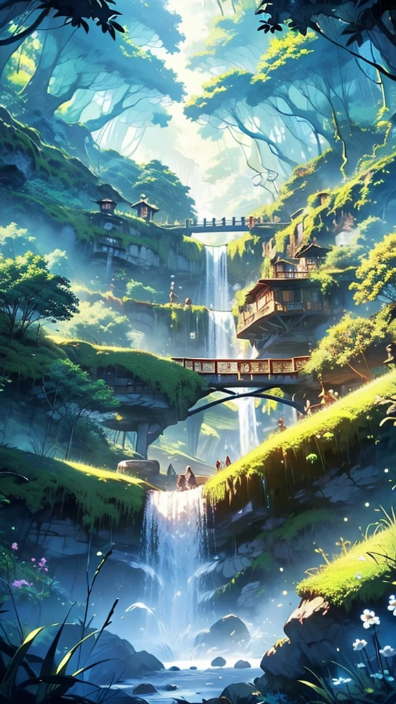 Enchanted Waterfall Village: A hidden village nestled within a lush forest, with houses built into the trees and connected by rope bridges. A massive, glowing waterfall cascades down a cliff nearby, its waters sparkling with magical energy.
