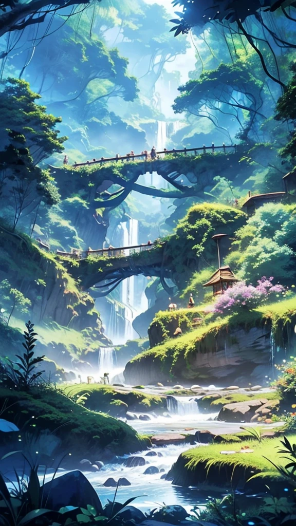 Enchanted Waterfall Village: A hidden village nestled within a lush forest, with houses built into the trees and connected by rope bridges. A massive, glowing waterfall cascades down a cliff nearby, its waters sparkling with magical energy.