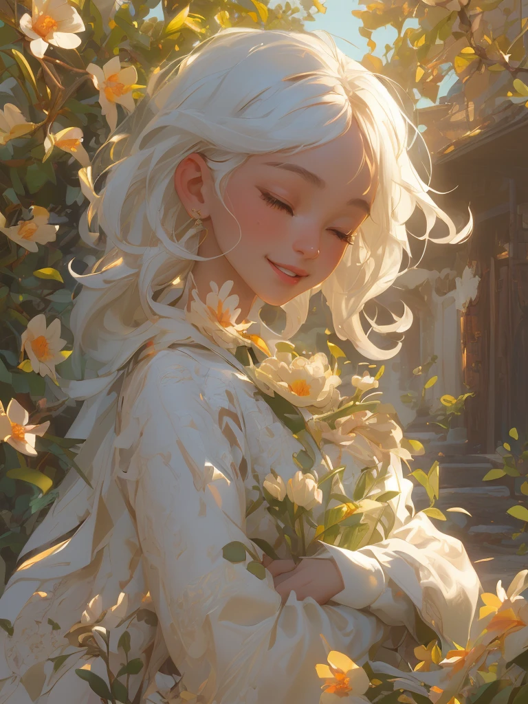 (Masterpiece, best quality), (real pictures, intricate details), (afternoon, sun, sunny) Alley mouth, embrace the sun, the sun hits the body, the eyes are slightly closed. (1 girl, messy short white hair, embracing the sun, smiling raised chin, side face) spread her arms,
