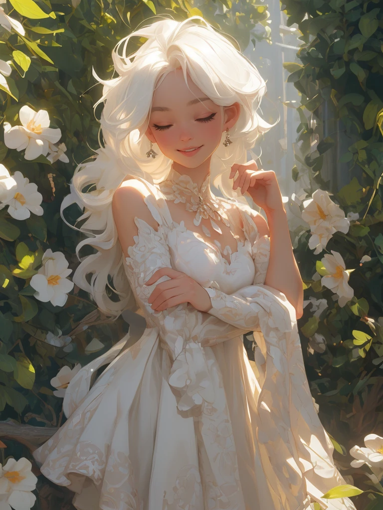 (Masterpiece, best quality), (real pictures, intricate details), (afternoon, sun, sunny) Alley mouth, embrace the sun, the sun hits the body, the eyes are slightly closed. (1 girl, messy short white hair, embracing the sun, smiling raised chin, side face) spread her arms,