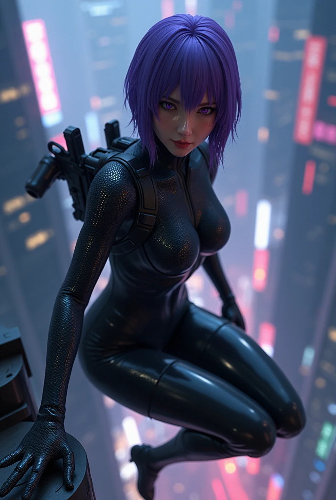 ((ghost in the Shell SAC_Motoko Kusanagi from 2045,Ultra-high-definition Real 3D CG graphics of Kusanagi Motoko from the anime ghost in the Shell、Motoko Kusanagi)))Purple Hair, Purple Eyes,Beautifully detailed eyes and mouth, Breathtakingly detailed and realistic skin,Beautiful hair texture and shine,ghost in the Shell SAC_2045のMotoko Kusanagiのリアルな質感と細部へのこだわり,衣装はghost in the Shell SAC_2045のMotoko Kusanagiの服を着ている(((She jumps off the roof of a building:1.2), (Futuristic night cityscape background) ,With her back to the building, she smiles provocatively.))).In one hand he is holding a Ceburo C-40A machine gun.,A machine gun in a machine gun sling on his shoulder,The black cyber suit is about to be enveloped in transparent optical camouflage,No jacket(Optical camouflage expressed with holographic effects:1.5).Jump helplessly vertically from the roof of a building towards the camera, Looking into the camera, Shooting from an angle above Shooting from the top of a building with the camera pointing straight down,She falls while staring at the camera on top of the building)),)(((She has a toned figure, A body with beautiful curves, Narrow waist, Thick thighs and round ass)), Ultra-Realistic Images, Skin and hair details, Movie Scenes, Professional Saturation,Breathtaking 3DCG graphics.(high quality, masterpiece, 最high quality, 4K.8k.:1.5). Super detailed, Ultra-fine painting, A photo that looks like a scene from a movie, Dramatic lighting, Sharp focus, Professional Photo Resolution, 3D Rendering, Awards,ghost in the Shell、