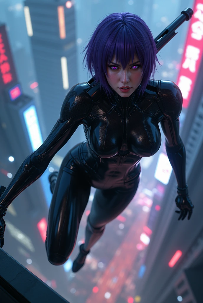 ((ghost in the Shell SAC_Motoko Kusanagi from 2045,Ultra-high-definition Real 3D CG graphics of Kusanagi Motoko from the anime ghost in the Shell、Motoko Kusanagi)))Purple Hair, Purple Eyes,Beautifully detailed eyes and mouth, Breathtakingly detailed and realistic skin,Beautiful hair texture and shine,ghost in the Shell SAC_2045のMotoko Kusanagiのリアルな質感と細部へのこだわり,衣装はghost in the Shell SAC_2045のMotoko Kusanagiの服を着ている(((She jumps off the roof of a building:1.2), (Futuristic night cityscape background) ,With her back to the building, she smiles provocatively.))).In one hand he is holding a Ceburo C-40A machine gun.,A machine gun in a machine gun sling on his shoulder,The black cyber suit is about to be enveloped in transparent optical camouflage,No jacket(Optical camouflage expressed with holographic effects:1.5).Jump helplessly vertically from the roof of a building towards the camera, Looking into the camera, Shooting from an angle above Shooting from the top of a building with the camera pointing straight down,She falls while staring at the camera on top of the building)),)(((She has a toned figure, A body with beautiful curves, Narrow waist, Thick thighs and round ass)), Ultra-Realistic Images, Skin and hair details, Movie Scenes, Professional Saturation,Breathtaking 3DCG graphics.(high quality, masterpiece, 最high quality, 4K.8k.:1.5). Super detailed, Ultra-fine painting, A photo that looks like a scene from a movie, Dramatic lighting, Sharp focus, Professional Photo Resolution, 3D Rendering, Awards,ghost in the Shell、