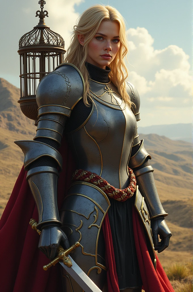 A female character in knight armor, with a white birdcage on her back, holding a sword, long golden hair, and a medium-sized chest.