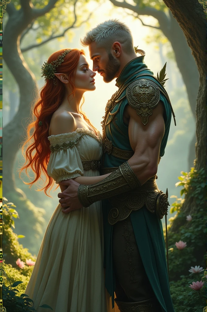 Create a cover for a romance between two elves, the woman is a wood elf and the man is an iron city elf