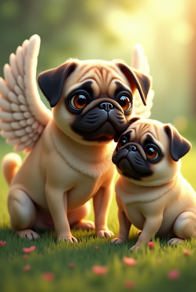 A pug dog with angel wings Happy, looked at an adult woman crying next to another wingless pug