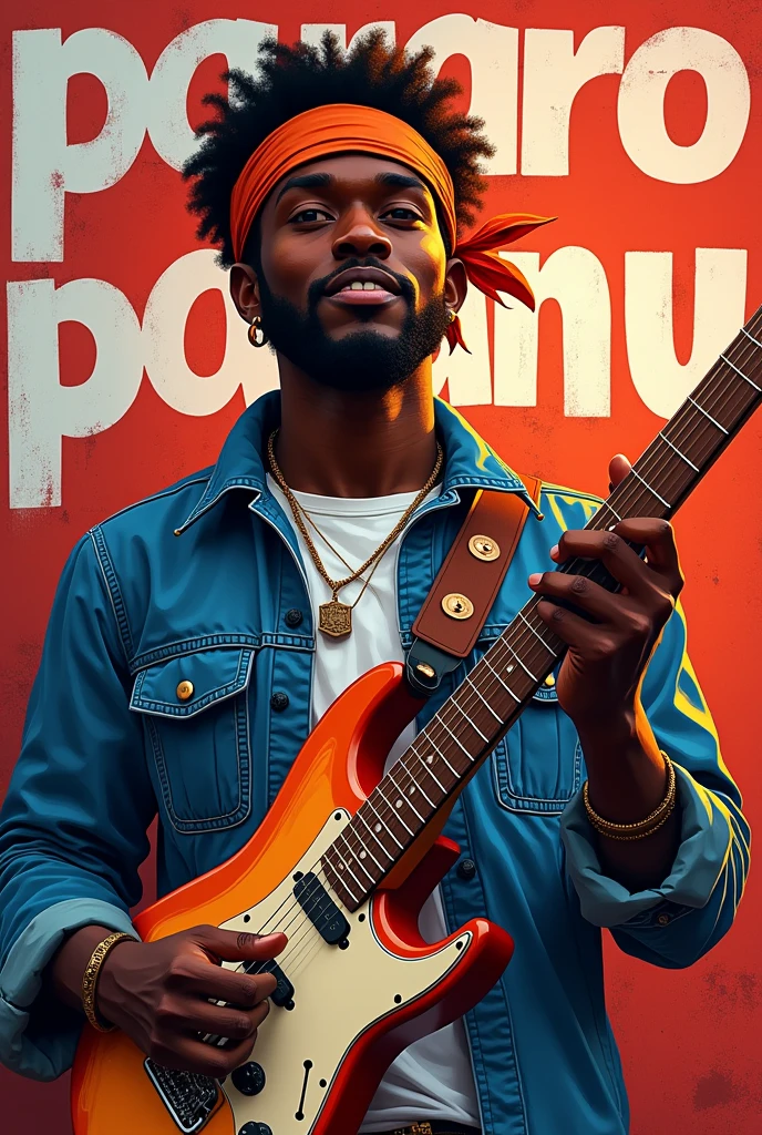 an illustration of a young black rocker holding a guitar with a headband tied around his head and behind him on a wall the letters PARODIANU