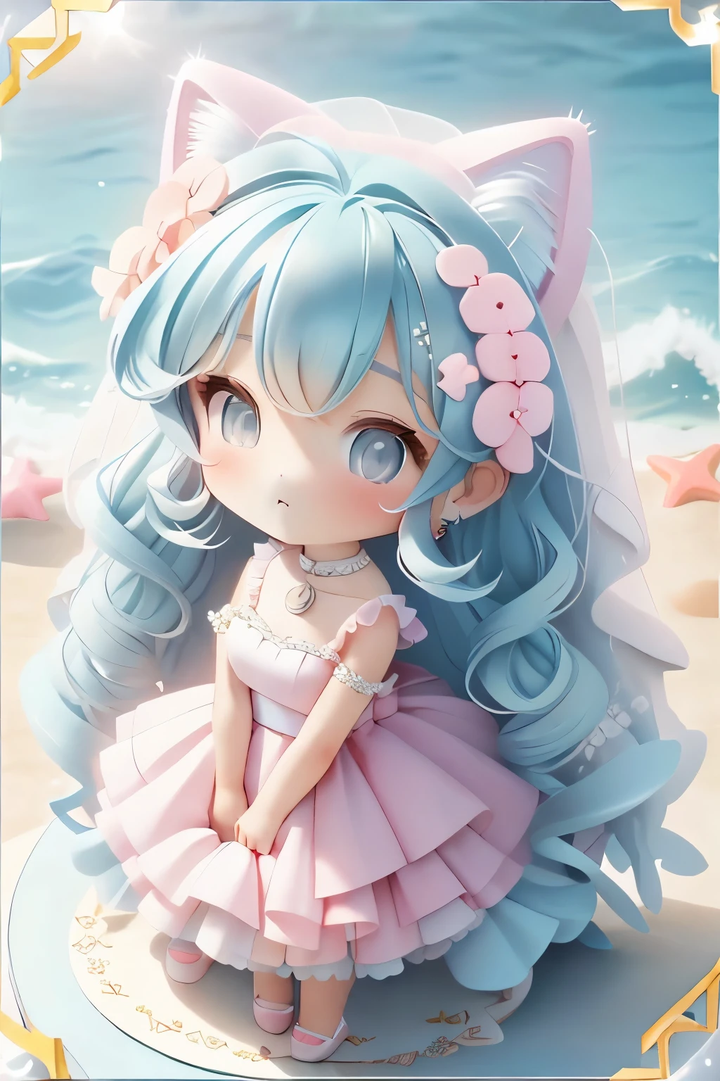 plastican00d, 1 Cat Girl, Chibi, aquamarine, Beach Wave, Pink, wedding dress, wealthy,Looking at Viewer, Card Background
