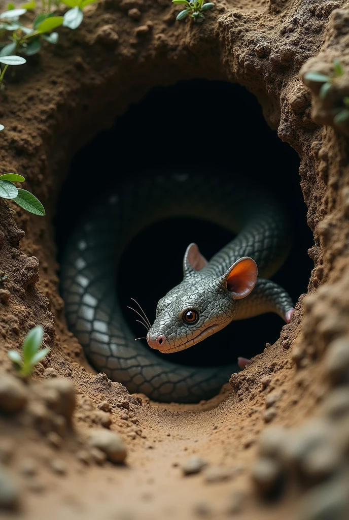 A snake crawled into a mouse hole.