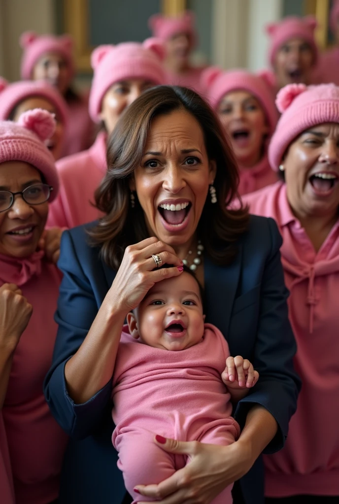 a realistic  photograph of Kamala Harris excitedly chewing on a baby while surrounded by ugly obese social justice warriors in pink pussy hats rabidly cheering her on and worship Satan. 