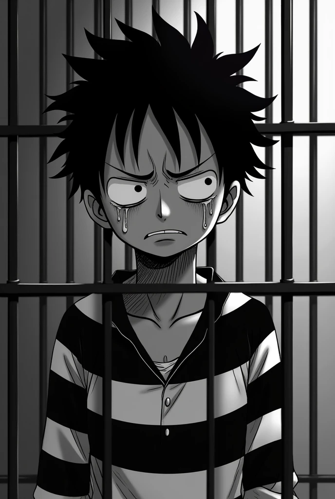 Monkey D. Luffy in a black and white striped long sleeve prison uniform with his eyes closed teary and crying inside a jail