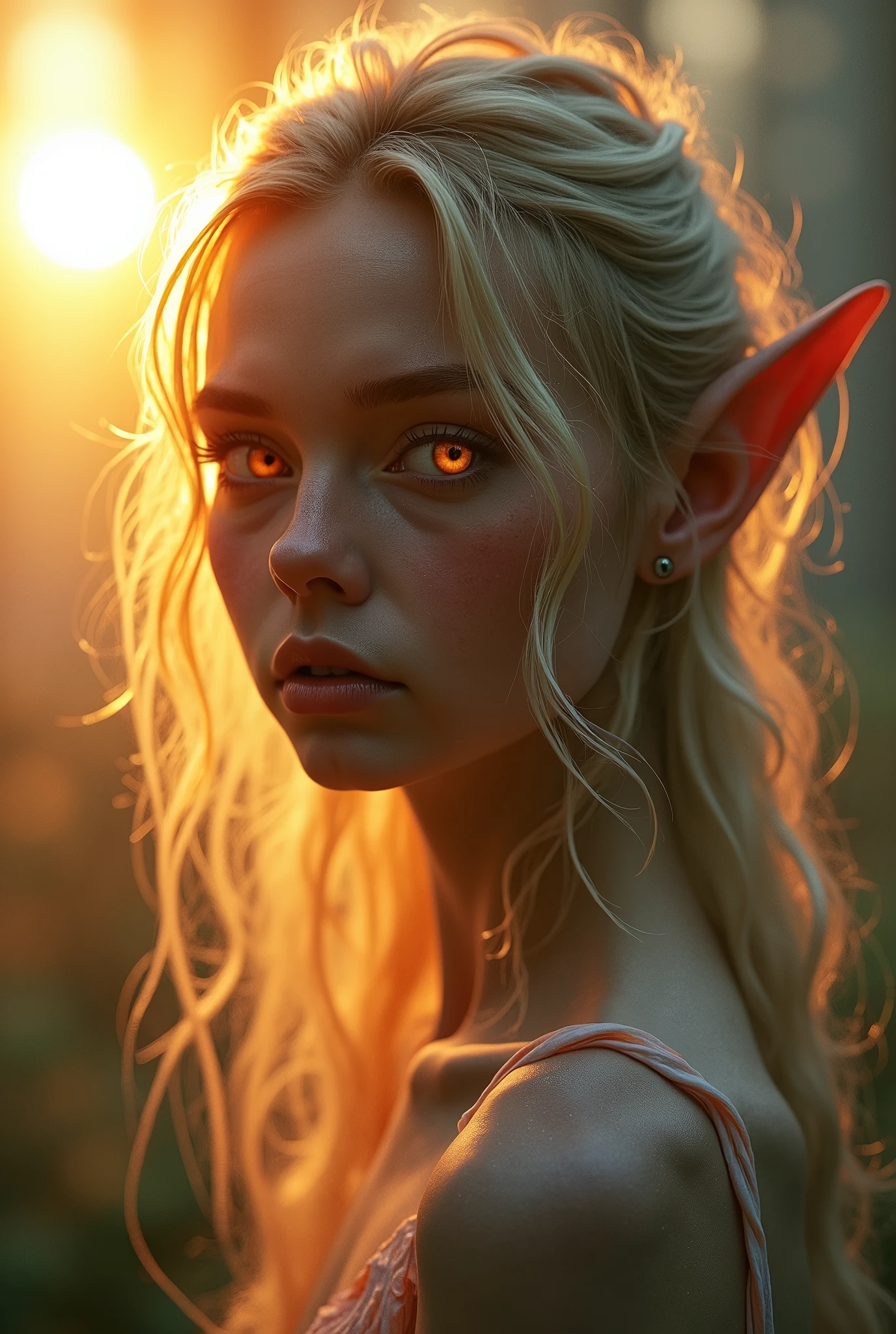 (Realystic:1.4), analog photo style, full body shot, A breathtaking elf, radiant with blonde hair, ultra-photorealistic, surreal, (masterpiece), messy hair, beautiful face, her delicate features illuminated by the soft glow of the setting sun, cinematic light, shy look to the camera, (((glowing orange eyes))), perfect anatomy, sunset, multicoloured smoke on background, dark fantasy atmosphere, deep shadows with the some sun rays, a delicate balance between reality and fantastic, faded colours, Masterpiece, most detailed blurred surreal background, naturally textured, 6k quality, ilford delta 400, film grain, bokeh.