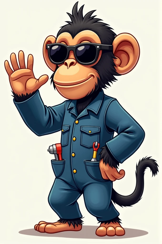 Chimpanzee with no tail wearing mechanic suit, may be a boiler suit, sunglass in eyes one hand waving at us, 
the other hand is holding a tool. 
Some tools are peeking out of his pockets. 
His name is Gribo the Chimp. 
A cartoon image
An adult chimp
