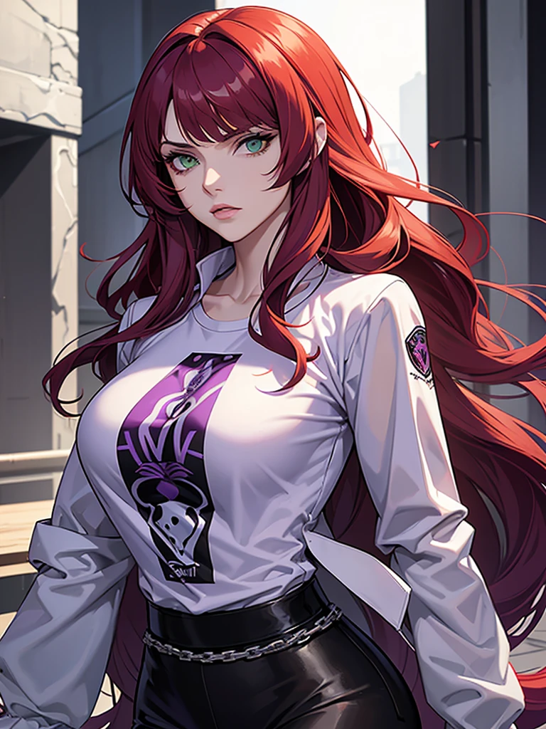 green eyes, red hair with long bangs, noble. wavy long hair. strong woman. she quiet. wear purple and black t shirt. dominant woman. mafia. mature woman. girl boss. badass woman. gangster. hair so long have bangs. gangster. wear purple t shirt and long white jacket laboratory