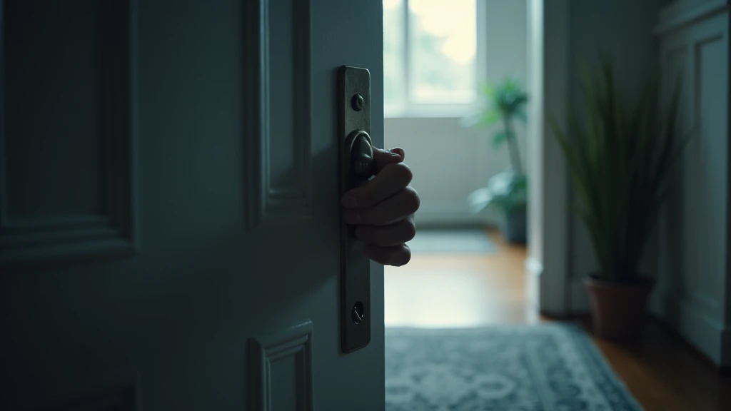 Image of a closed entrance door, with a man's hand still holding the handle, suggesting tension and worry.

The door is in a doorway, with elements such as a rug and a plant forming part of the scene, but blurred so as not to distract from the main focus on the door and the hand.

The lighting should be soft and natural, with morning light coming in from outside, creating subtle shadows that accentuate the tense scene.

The image should convey a sense of urgency and threat, with a touch of tension. Suggest a neutral color palette, such as greys and blues, that complements the atmosphere of the morning.

The photo should be of high quality, with 8k rendering and extreme detail, capturing the emotional essence and tension of the moment.