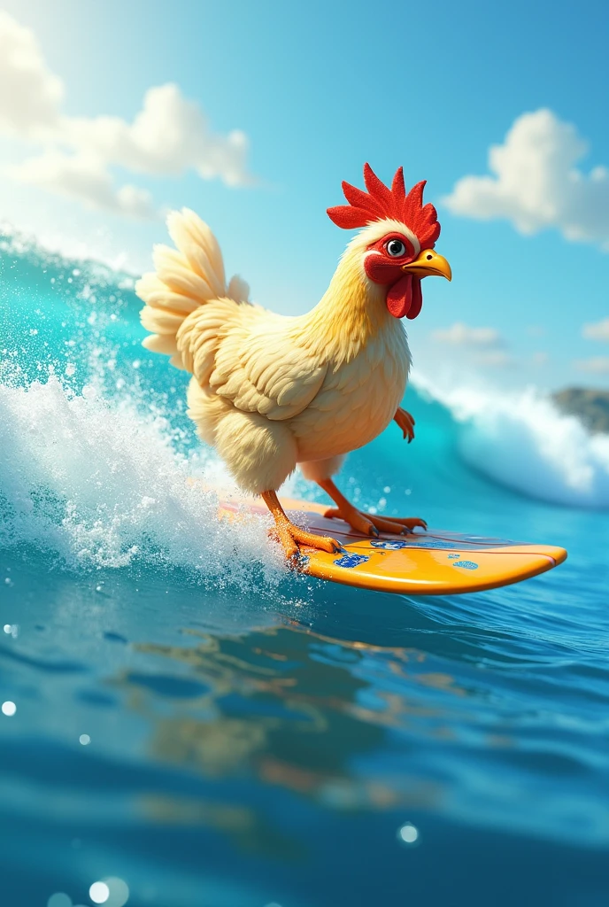 A chicken surfing