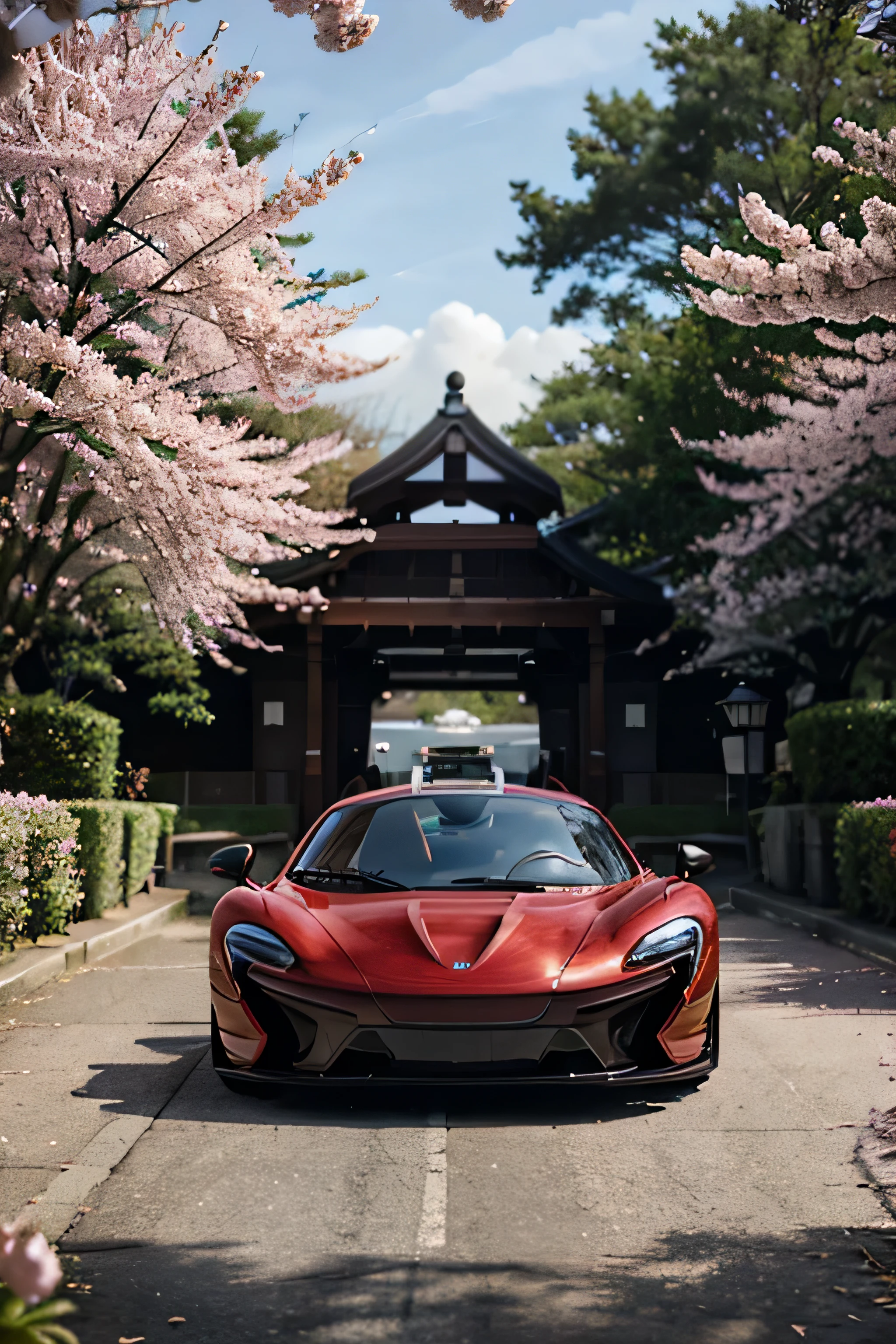 Red Mclaren P1 under cherry blossom