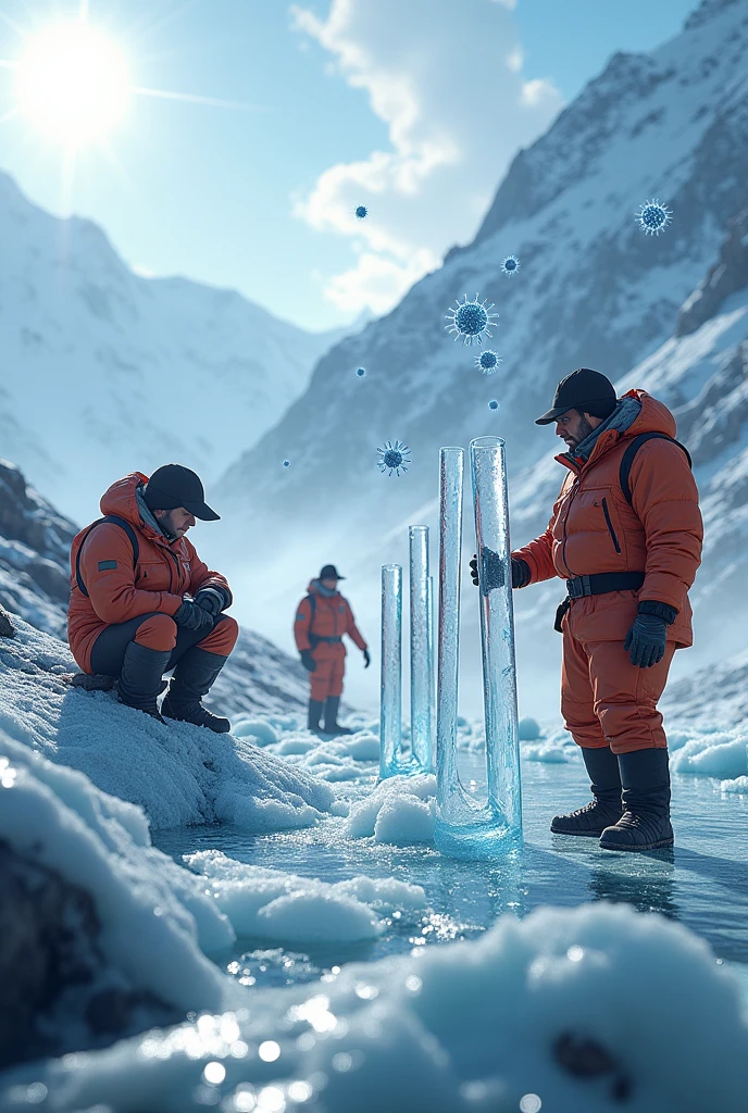 Generate an image showing a high-altitude scene from the Guliya Glacier on the Tibetan Plateau, with towering snow-covered mountains in the background. In the foreground, depict researchers in cold-weather gear analyzing ice cores. The ice cores should appear as transparent, cylindrical tubes containing ancient viral DNA. Highlight the idea of melting glaciers, with water flowing from the ice, and integrate digital representations of viruses floating around, emphasizing that around three-quarters are previously unknown. The overall atmosphere should convey both the beauty of the Himalayan landscape and the scientific discovery of ancient life forms.