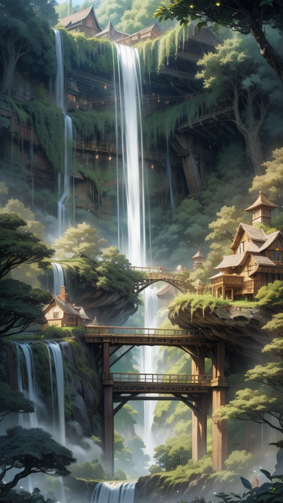 Enchanted Waterfall Village: A hidden village nestled within a lush forest, with houses built into the trees and connected by rope bridges. A massive, glowing waterfall cascades down a cliff nearby, its waters sparkling with magical energy.