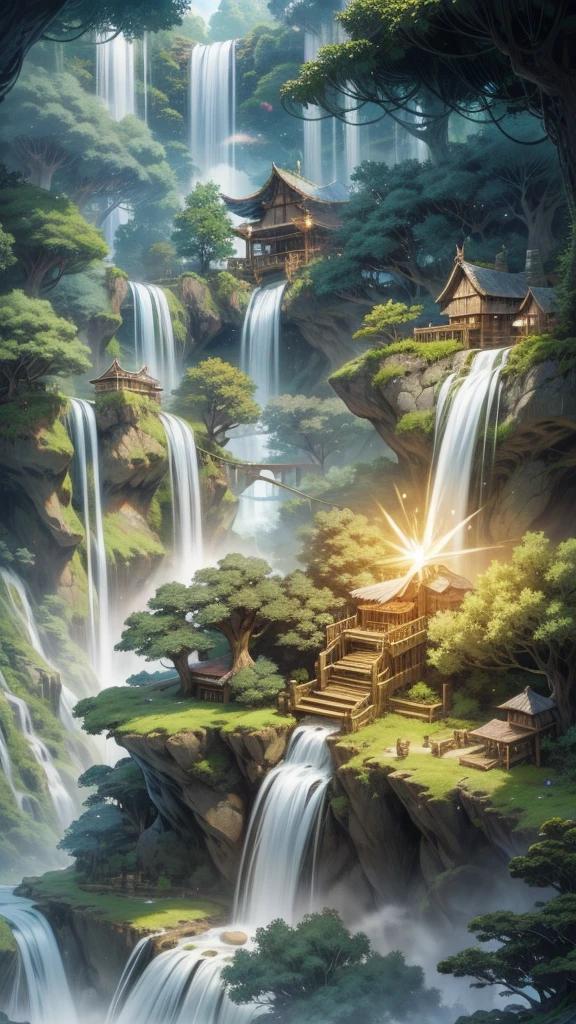 Enchanted Waterfall Village: A hidden village nestled within a lush forest, with houses built into the trees and connected by rope bridges. A massive, glowing waterfall cascades down a cliff nearby, its waters sparkling with magical energy.