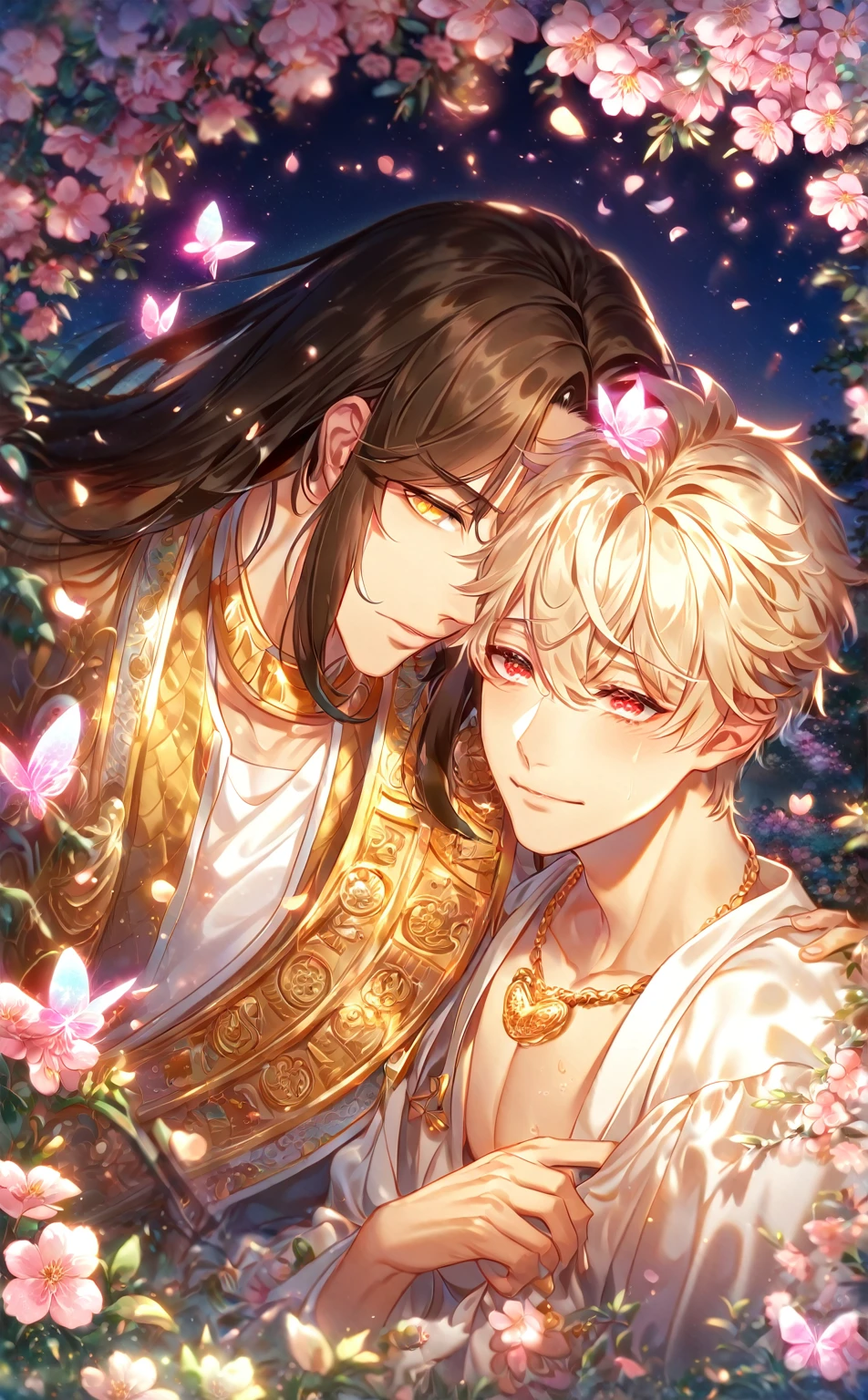 High resolution, ultra detailed, high quality, absurd resolution, HDR, best quality, master piece, detailed eyes, delicated features, tanned skin, Mimi, black long hair, expressive yellow eyes, goodbye, My King, Zhang Li, ash-blonde short hair, expressive red eyes, two men hugging, yaoi, gay couple, handsome, in love, showing the chest, white tunic, golden necklace, Egyptian, fantasy, magical, pink flowers, pink glittering butterflies, cherry blossoms, blue sky, garden, crystal light