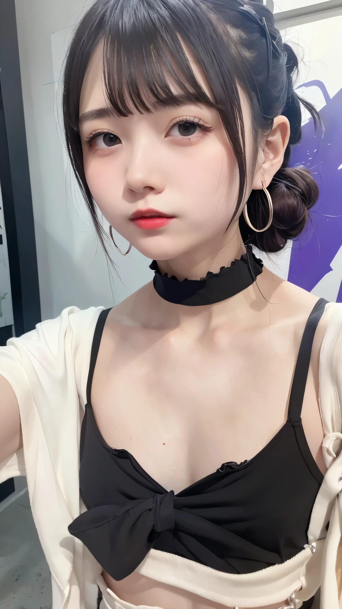 4K - ultra-vivid、Highest quality, masterpiece, Ultra-high resolution, (reality: 1.4), 1 girl, Purple eyes, Cinema Lighting、purple and black hair、(Earrings、たくさんのEarrings)、, RAW Photos, 8k, (Highest quality), reality的, (live-action, Intricate details), (Natural skin texture, Detailed skin, Hyperrealism, Sharpness), Dirty alley at night, graffitied wall:1.3, Slender body, (Fascinating face, Lips parted:1.3, eye shadow, eyeliner, Tear bags, Red lipstick), thigh, graffiti:1.5, trash can, at night, Spot lighting:1.3, choker ,{{Curly bundle}},Peter Pan Collar, jirai kei,