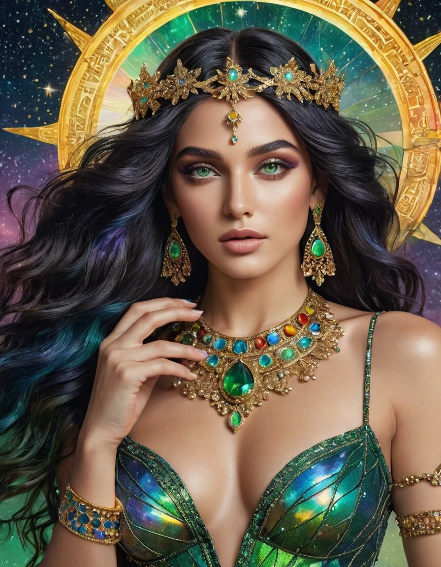 (High quality, a work of art, ultra detailed) (detailed hands) Zodiac Sign - Libra Goddess, similar to delicacy and kindness, detailed face, expressive green and clear eyes, vibrant image, productive, enterprising and humanitarian, scales of balance in hand, Style, impulsive, creative, impatient and assertive. flowing black hair dotted with star sparkles, transparent iridescent dress in rainbow hues, in the air with the sun in her hair, full body, crystal clear eyes (detailed eye). strong and powerful makeup. Goddess of the air, breathtaking image, 8k, UHD.