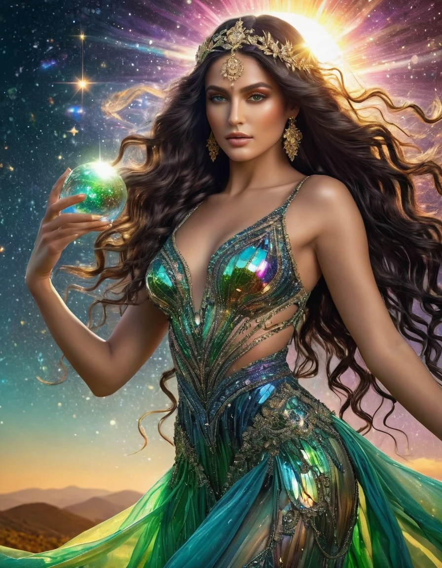 (High quality, a work of art, ultra detailed) (detailed hands) Zodiac Sign - Libra Goddess, similar to delicacy and kindness, detailed face, expressive green and clear eyes, vibrant image, productive, enterprising and humanitarian, scales of balance in hand, Style, impulsive, creative, impatient and assertive. flowing black hair dotted with star sparkles, transparent iridescent dress in rainbow hues, in the air with the sun in her hair, full body, crystal clear eyes (detailed eye). strong and powerful makeup. Goddess of the air, breathtaking image, 8k, UHD.