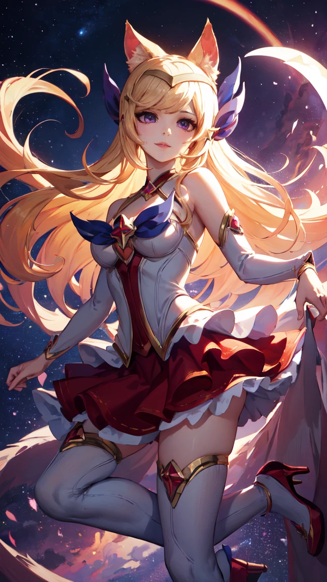 (masterpiece, best quality:1.2), Intricate details, Star Guardian Ahri, 1 Girl, Animal ears, Hair accessories, Separate sleeves, Bare shoulders, skirt, Magical girl, Multi-tail, Blonde Hair, A faint smile,High heel、white stockings,whole body,(long hair: 1.5 )、Bare shoulders、、Camera facing the audience