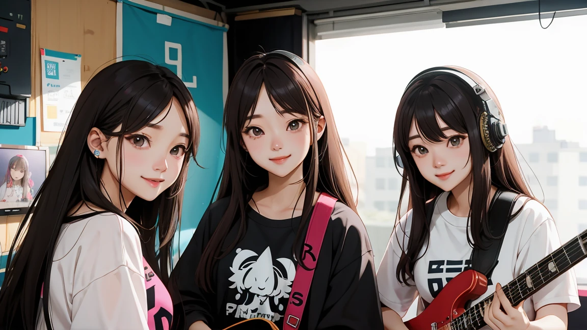 four women、cute smile、Korean idol、Punk style clothing、Recording music performances in the studio、