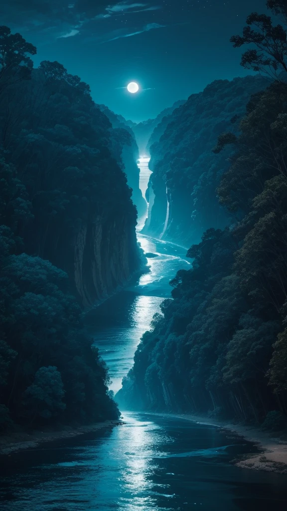 Usumacinta River, trees, Streams, , bottom: background moon, Activity: Singing, image quality: impressive details, aspect ratio: 16:9, Emotional state: Fullness, energy: high, Structure: Structuredo, camera angle: dynamic angle, Camera angle position: Drone view, Lens settings: 50m Lens, type of light: Blue Hour
