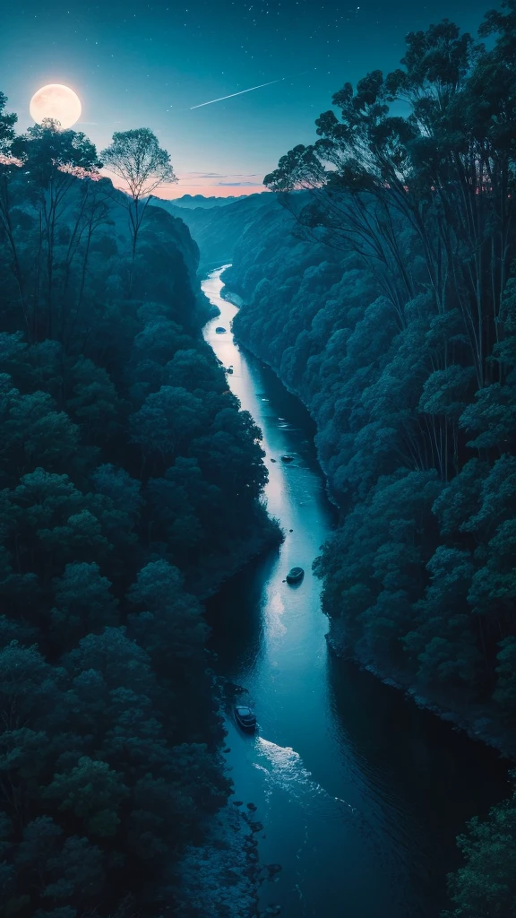 Usumacinta River, trees, Streams, , bottom: background moon, Activity: Singing, image quality: impressive details, aspect ratio: 16:9, Emotional state: Fullness, energy: high, Structure: Structuredo, camera angle: dynamic angle, Camera angle position: Drone view, Lens settings: 50m Lens, type of light: Blue Hour