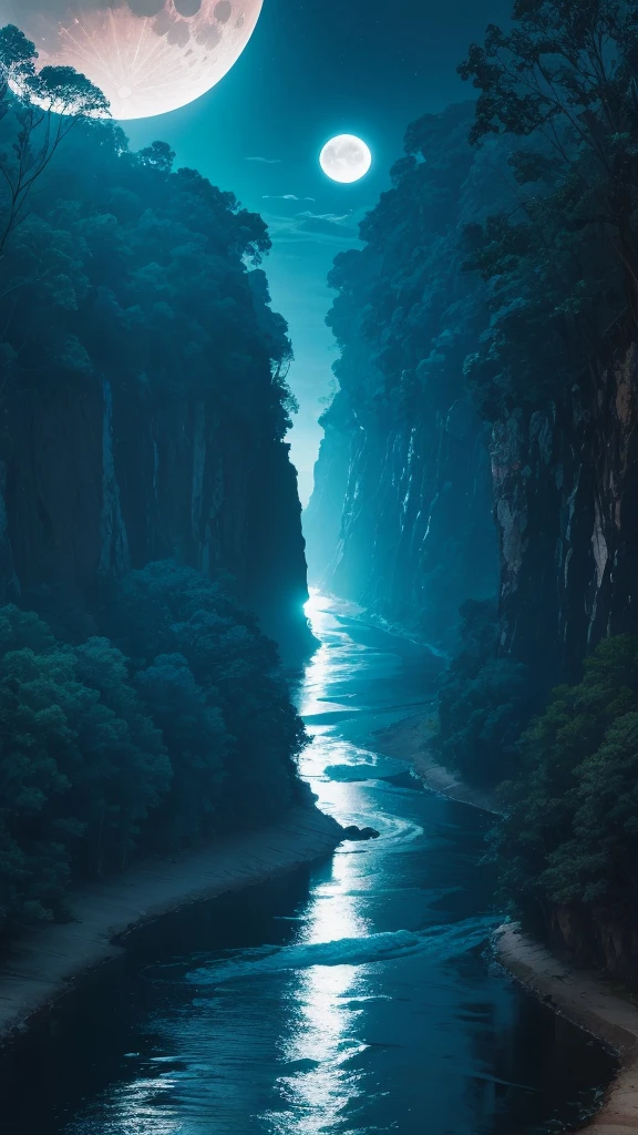 Usumacinta River, trees, Streams, , bottom: background moon, Activity: Singing, image quality: impressive details, aspect ratio: 16:9, Emotional state: Fullness, energy: high, Structure: Structuredo, camera angle: dynamic angle, Camera angle position: Drone view, Lens settings: 50m Lens, type of light: Blue Hour