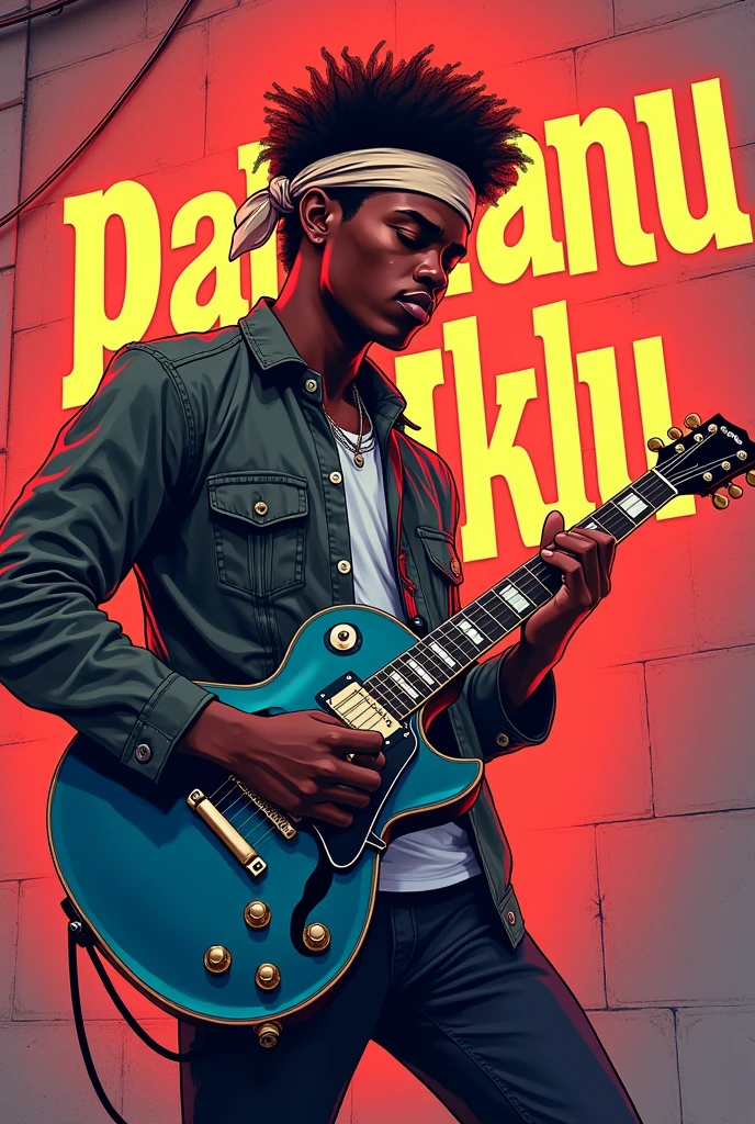 an illustration of a young black rocker holding a guitar with a headband tied around his head and behind him on a wall the letters PARODIANU