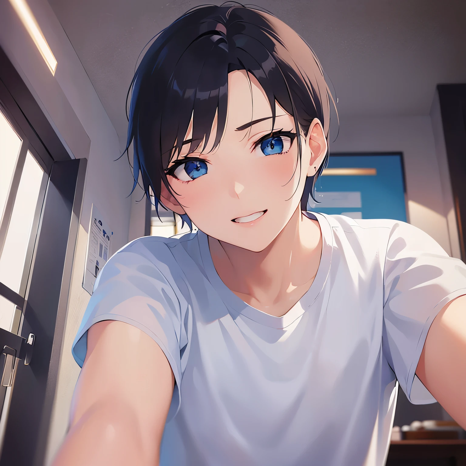 Shooting from below、Close-up of your face、masterpiece、Highest quality、(2 male:1.5) and (Black short hair) and (blue eyes), (White T-shirt:1.3), Are standing、smile, The background is the living room at night、(alone:1.5)、