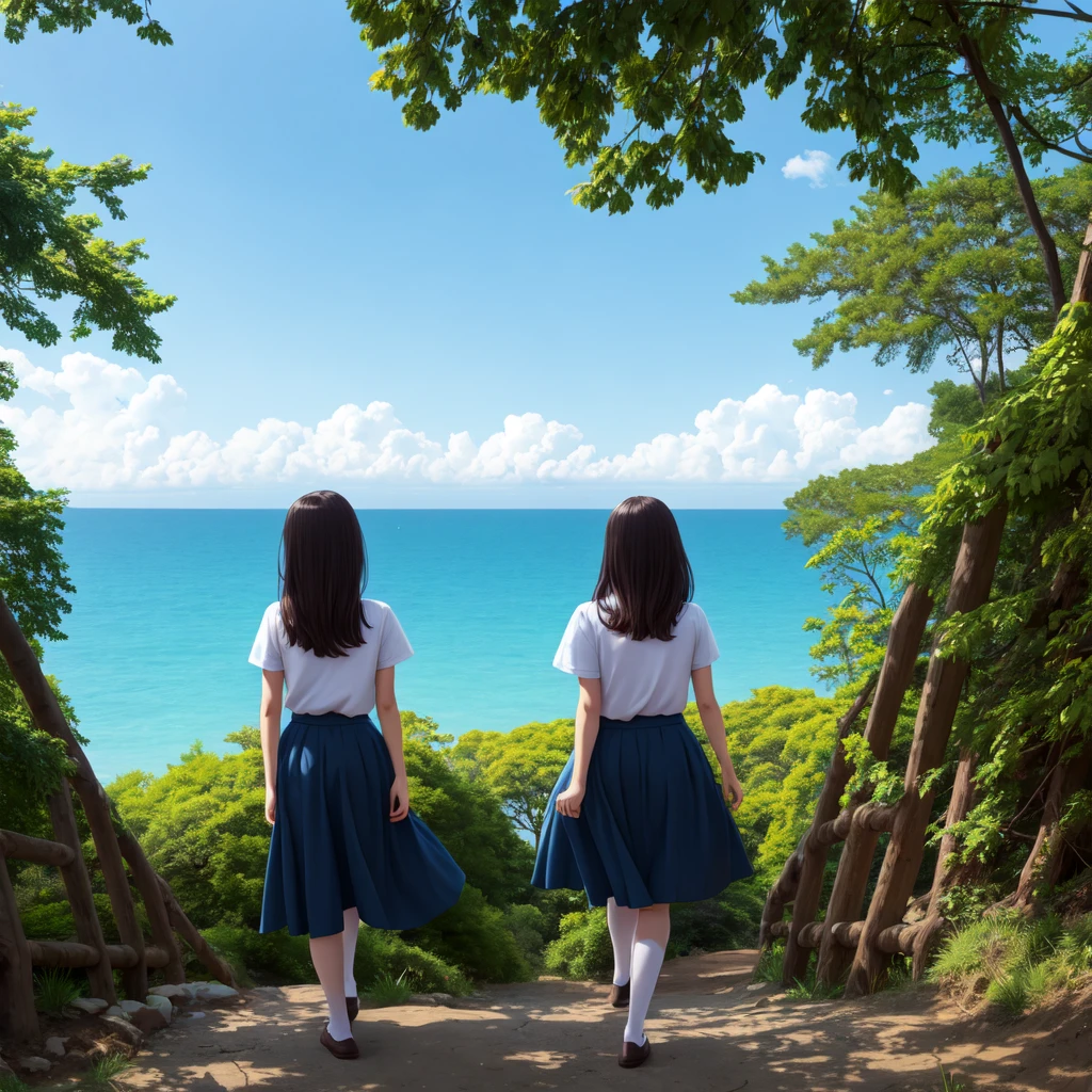 wallpaper, Clear Face, (masterpiece),  town,  blue sky,  一people々Girl, people々々Guide in the right direction,  smile,  一people々in,  Sailor suit、Long skirt,  Overgrown,  petal,  plant、Skirt lining、White slip、nostalgic、pantyhose、You can see the sea in the distance, Crotch close-up