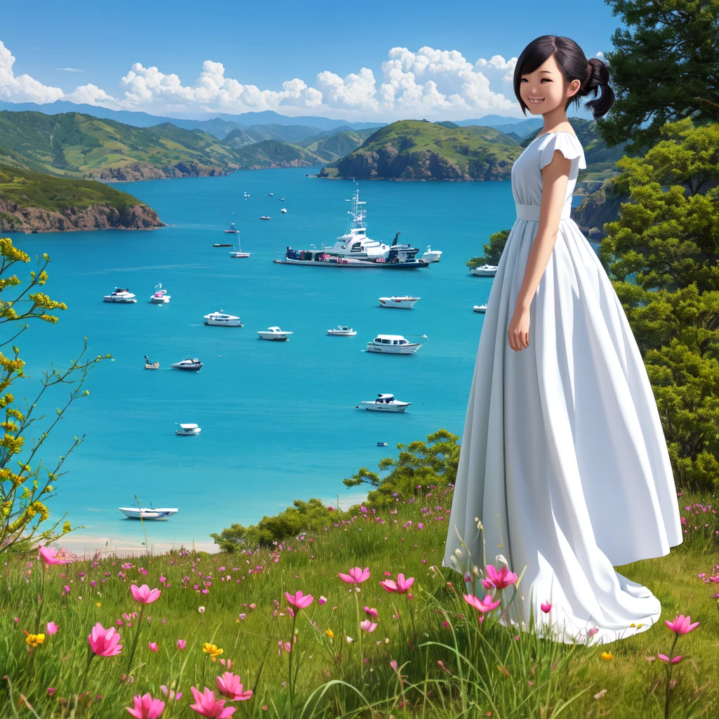 wallpaper, Clear Face, (masterpiece),  town,  blue sky,  一people々Girl, people々々Guide in the right direction,  smile,  一people々in,  Sailor suit、Long skirt,  Overgrown,  petal,  plant、Skirt lining、White slip、nostalgic、pantyhose、You can see the sea in the distance, Crotch close-up